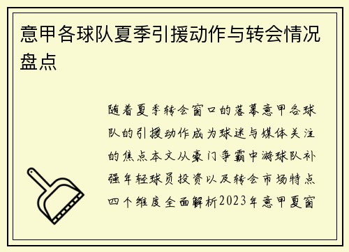 意甲各球队夏季引援动作与转会情况盘点