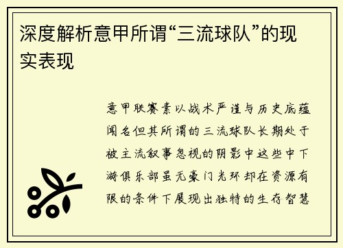 深度解析意甲所谓“三流球队”的现实表现